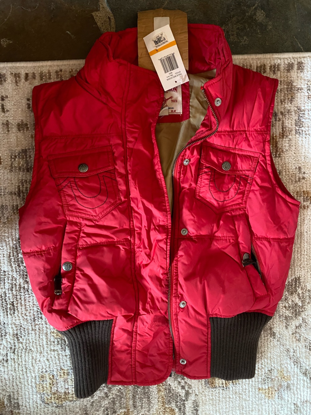 True Religion Bright Red Quilted Puffer Vest with Ribbed Hem